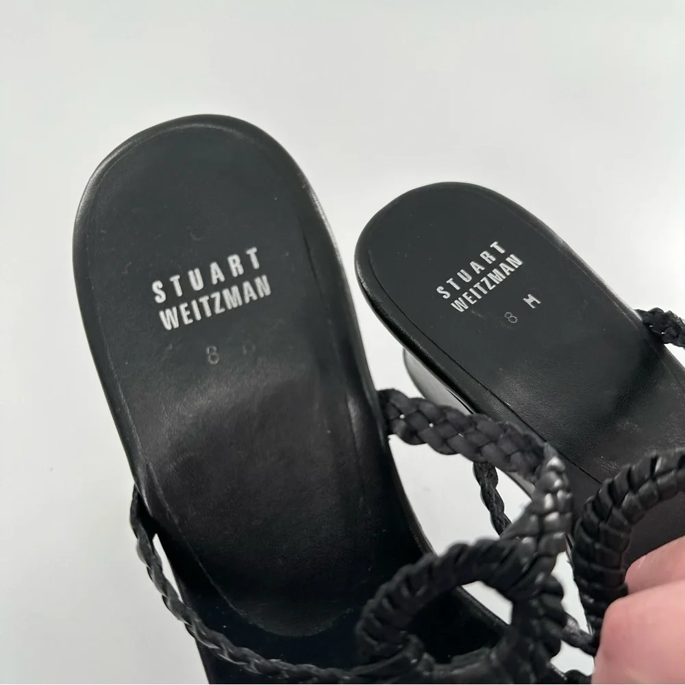 Stuart Weitzman womens sandals 8 black leather braided chunky platform slides